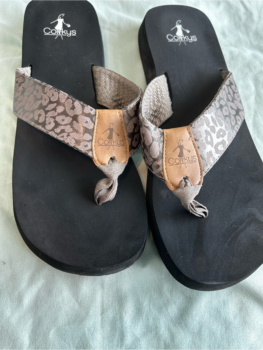 Corkys Leopard-Print Gray and Tan Thong Sandals